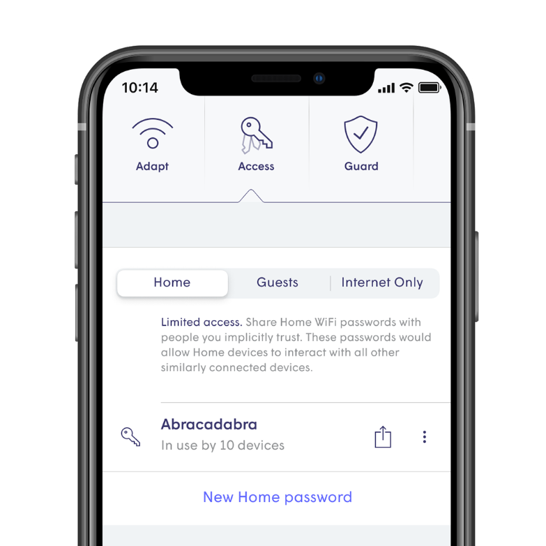 HomePass by Plume app showing access screen for Wi-Fi name and password
