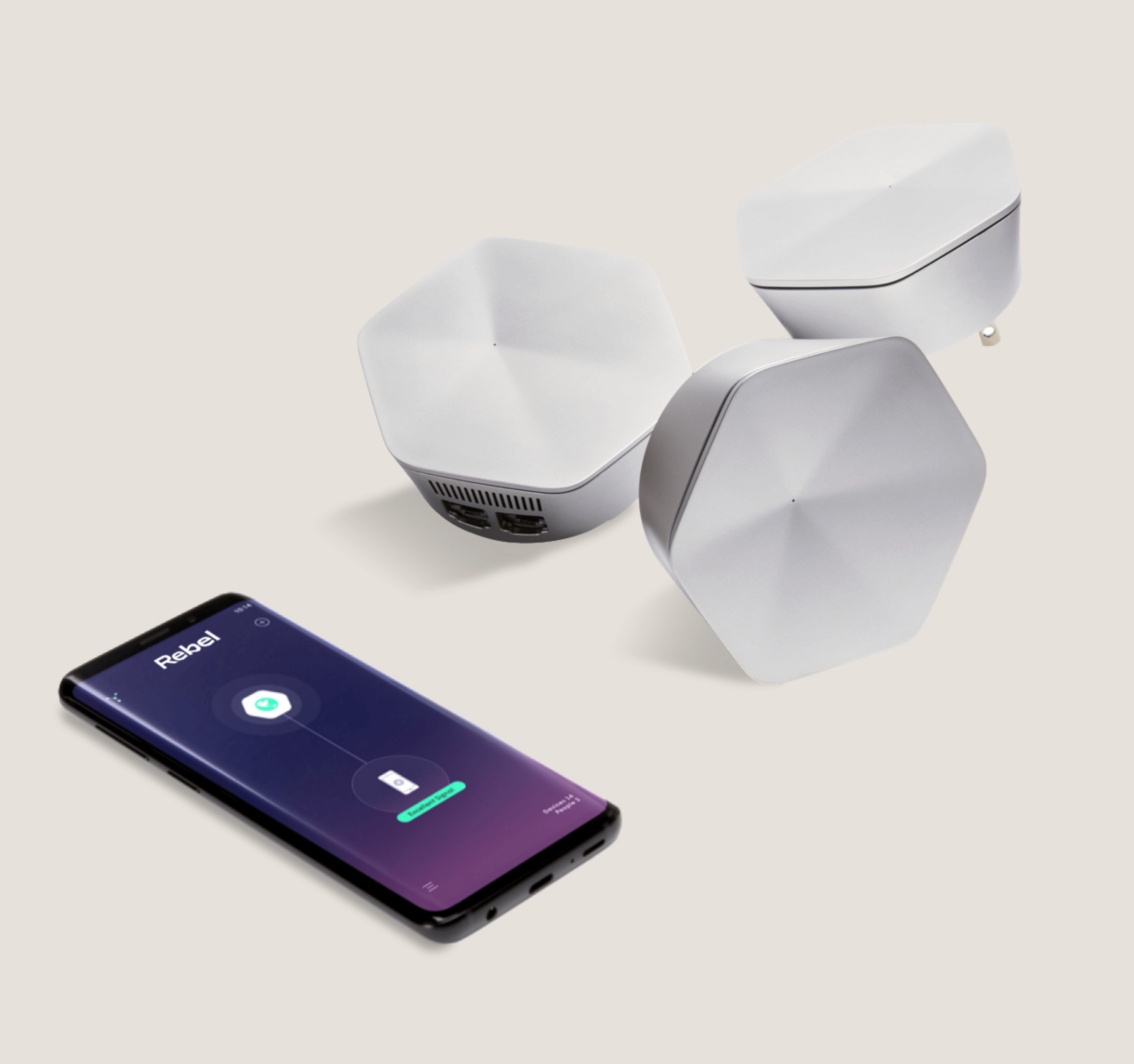 Three SuperPods and phone with HomePass by Plume app